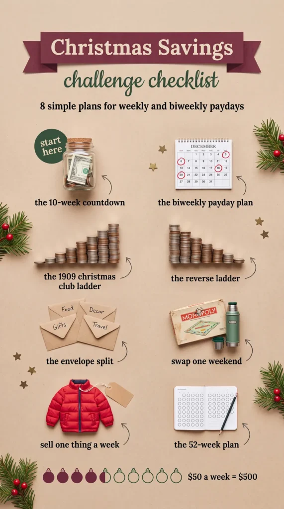 Christmas savings challenge checklist: 8 simple plans for weekly and biweekly paydays, from the 10-week countdown to the 52-week plan