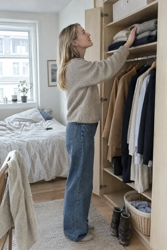 A woman in profile looking up at her open closet shelves, checking what she already owns before Black Friday