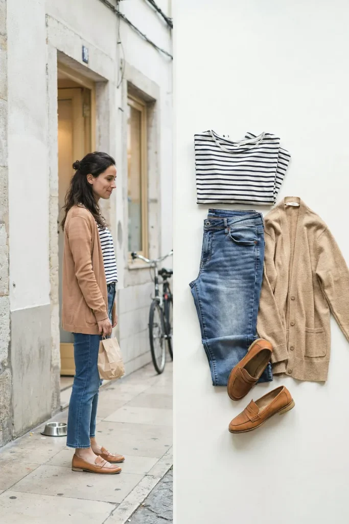 A woman in a new striped top next to a flat lay of the 3 pieces she already owns that go with it