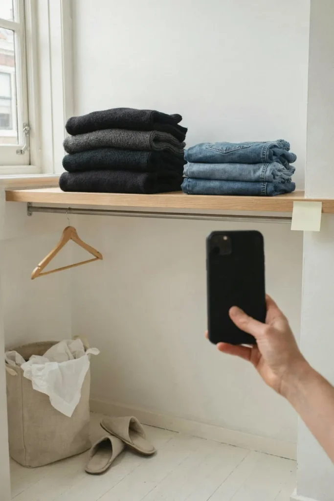A hand taking a phone photo of a shelf with 4 almost identical black cardigans