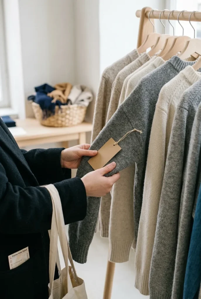 A thumb covering the sale tag on a grey wool sweater in a small shop