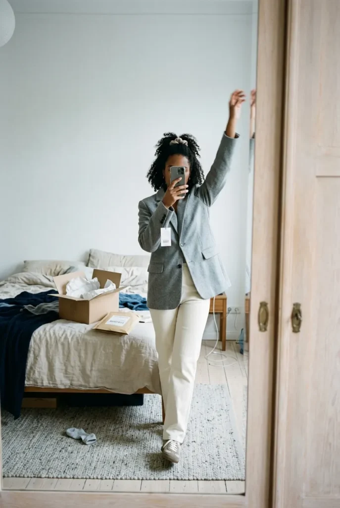 Mirror selfie of a woman testing a new blazer at home by reaching one arm up, parcel open on the bed