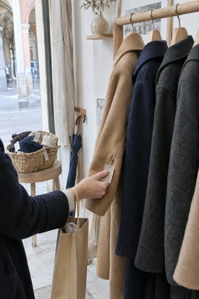 A thumb covering the price tag on a camel wool coat in a small shop