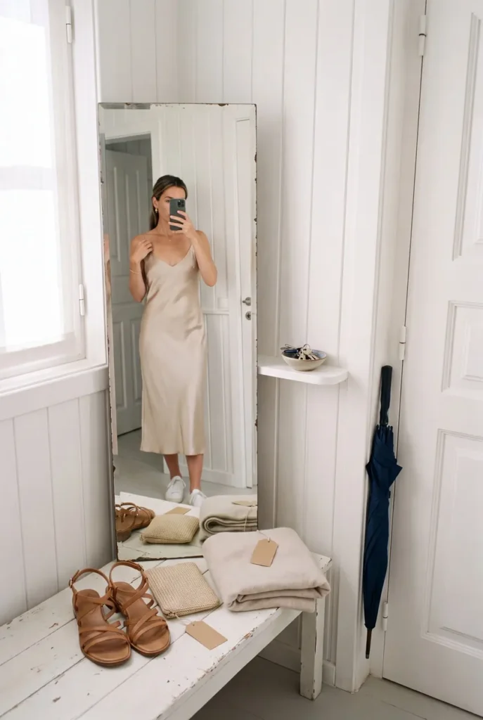 Mirror selfie of a woman in a satin slip dress with sneakers, the heels, clutch and wrap it would need lying on a bench