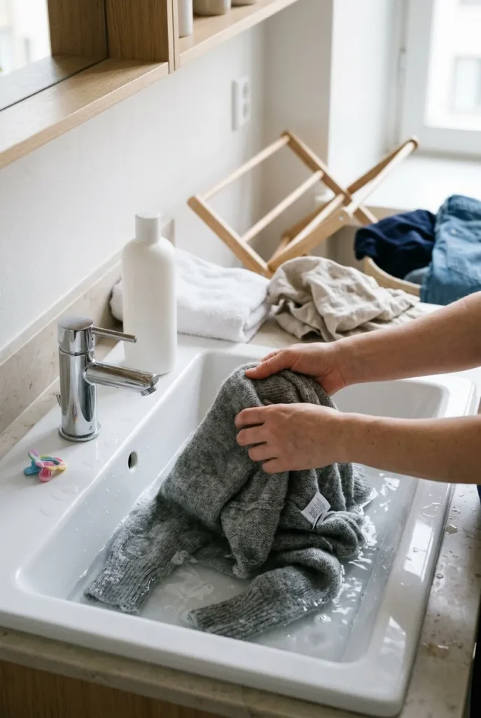 Hands hand washing a grey wool sweater in a white bathroom sink, a towel ready for flat drying