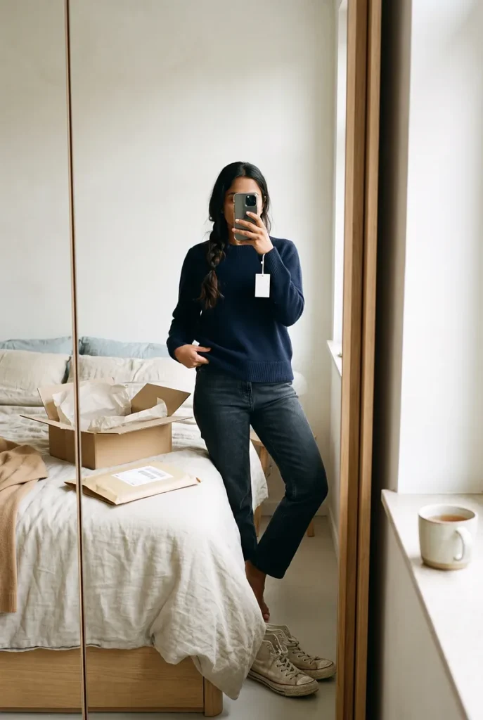 Mirror selfie of a woman trying on a new knit sweater with the tag still on, an open parcel on the bed
