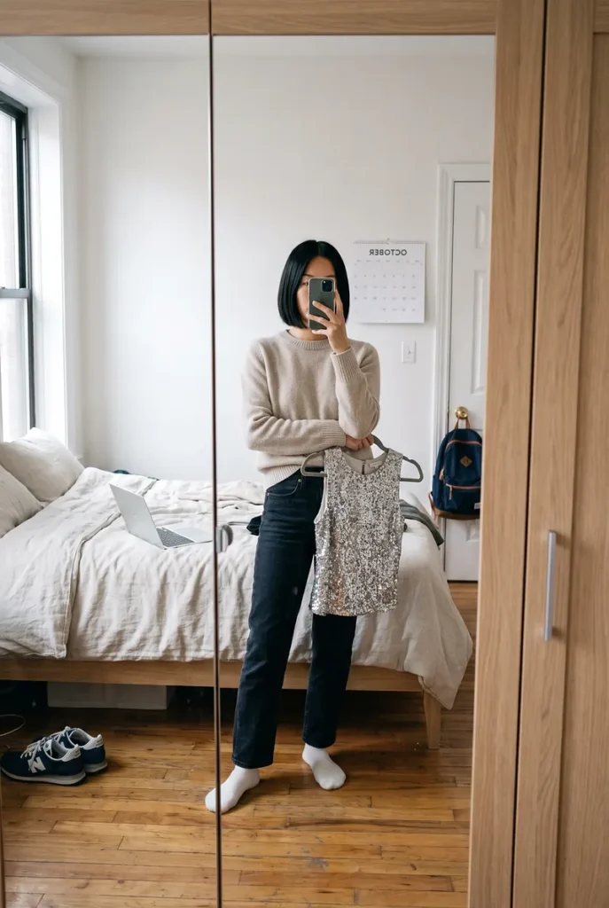 Mirror selfie of a woman in a soft knit holding a sparkly sequin top on a hanger against herself