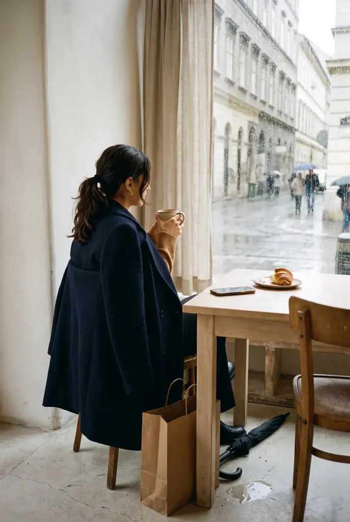 A woman in a Budapest cafe with a coffee, a closed shopping bag at her feet, rain on the window
