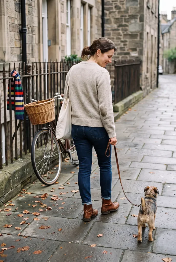 A woman walking in a well-worn wool sweater, jeans and creased leather ankle boots on an old stone lane