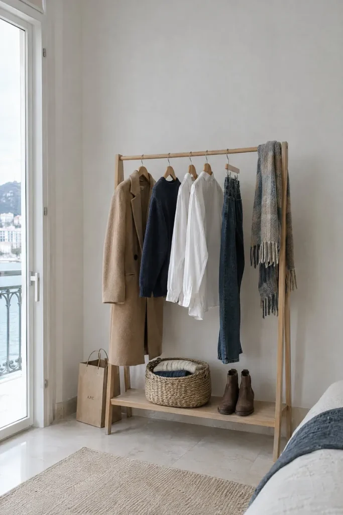 Black Friday shopping tips for a small closet: an open clothes rail with a few calm pieces and one small shopping bag