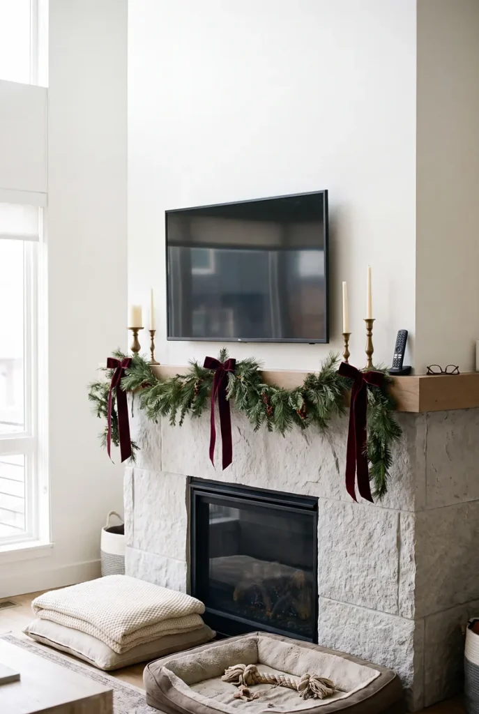 Christmas mantle ideas with TV above: white fireplace with a low garland and burgundy ribbon under the TV