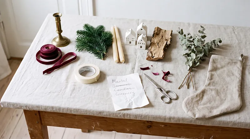 Christmas mantel decor on a linen table: burgundy ribbon, brass candlestick, greenery and candles