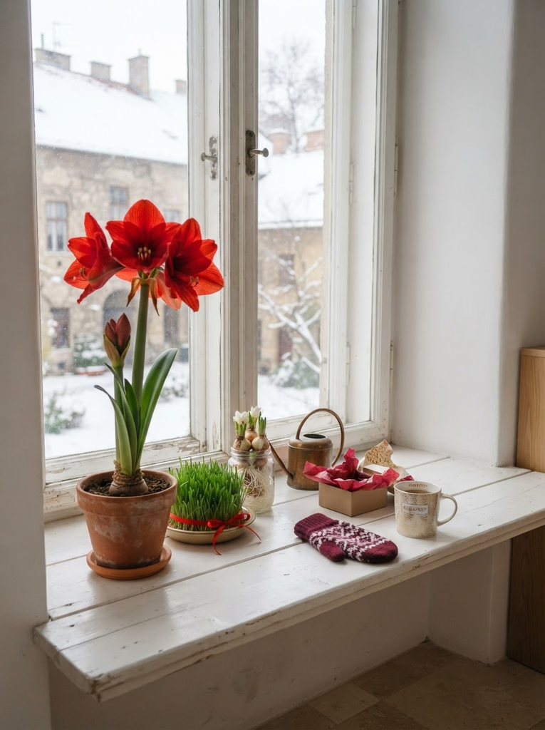 Red amaryllis in a pot on a white windowsill, a winter flower gift that grows on the sill