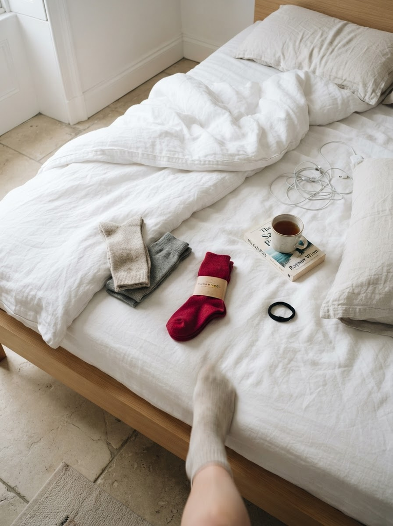 Merino wool socks laid out on a white bed, swapping worn socks for warm merino ones