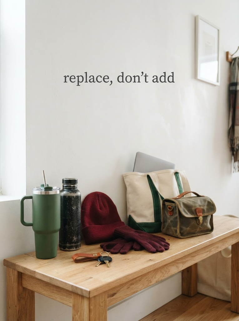 Travel mug, water bottle and bag on a wooden bench under the words replace, don't add