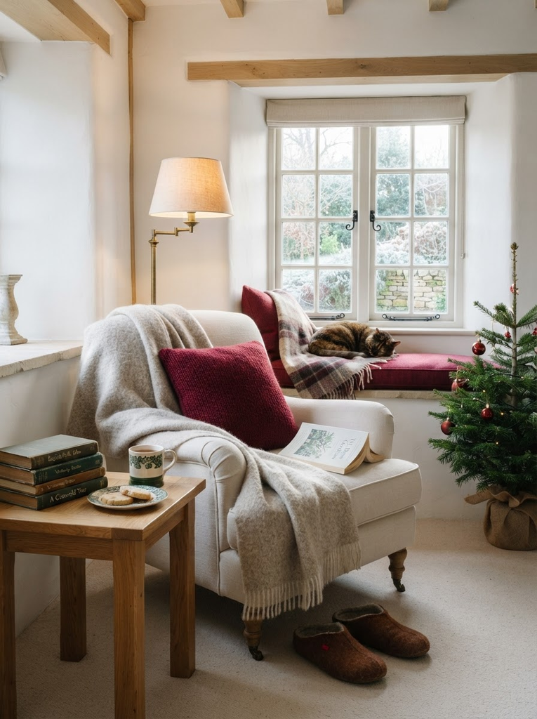 Cozy reading corner with a white armchair, throw blanket and red cushion by the window