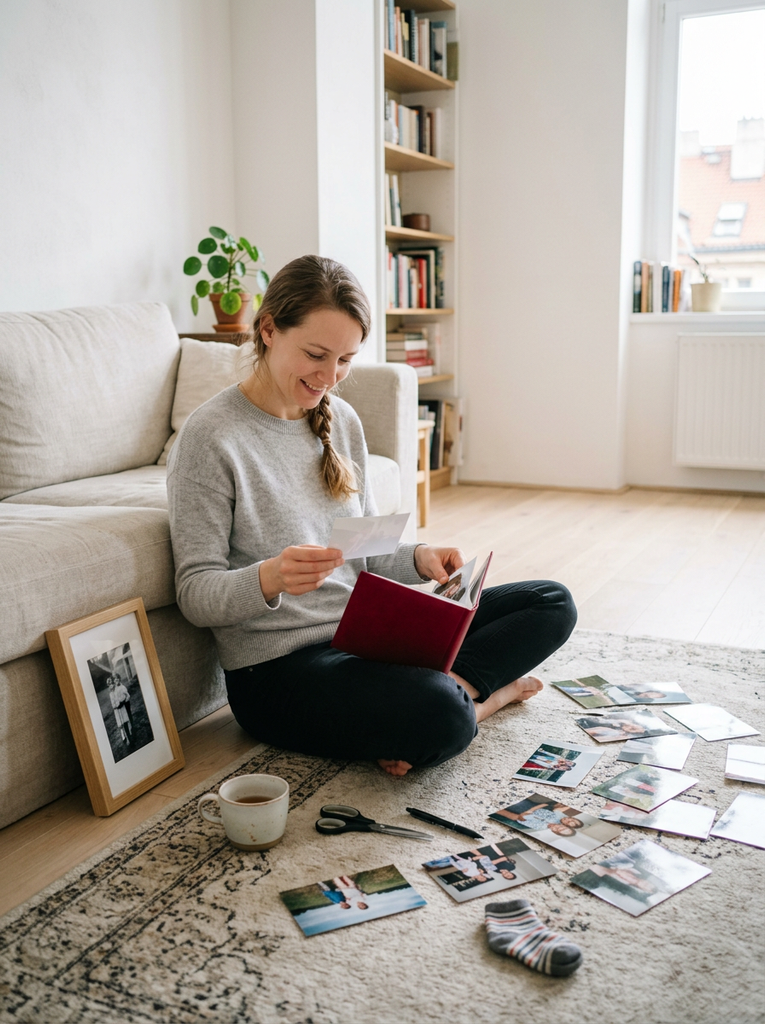 Woman sitting on the floor sorting printed family photos for a photo album gift