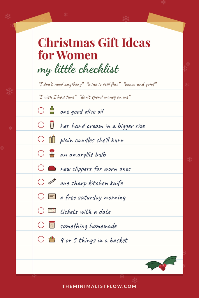 Christmas gift ideas for women checklist on a red background, 10 gifts that won't become clutter