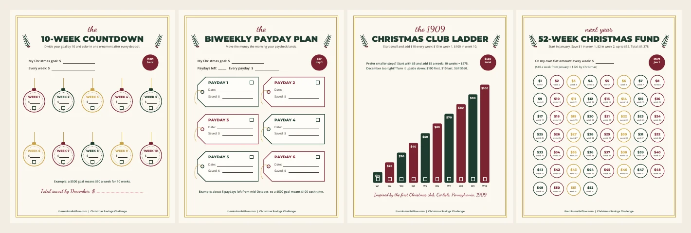 Preview of the 4-page printable Christmas savings challenge tracker with ornaments, payday tags, a ladder chart and a 52-week grid