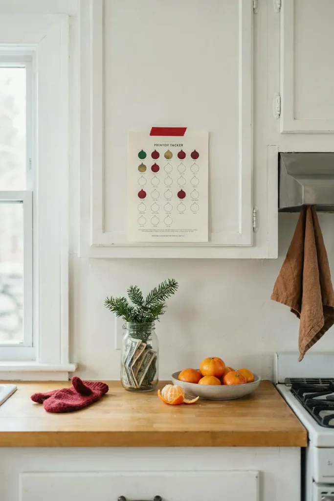 A printed 10-week christmas savings tracker with colored ornaments taped to a kitchen cupboard, a glass jar of savings below