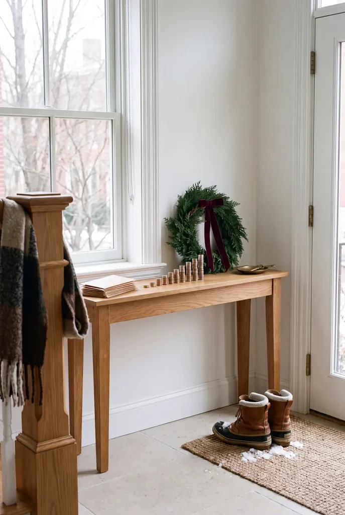 Ten small stacks of coins rising like a ladder on a hallway console, the 1909 christmas club savings ladder