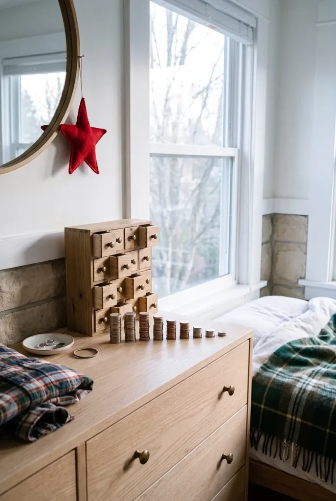 A wooden advent calendar with small numbered drawers on a bedroom dresser beside a falling row of coin stacks, the reverse ladder savings plan