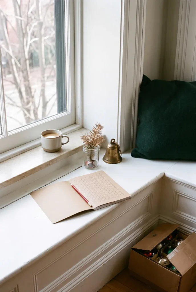 An open planner on a window seat beside a small glass jar with a few coins, starting a 52 week christmas savings plan in January