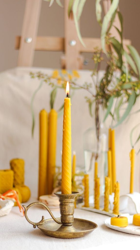 Plain beeswax taper candles in brass holders, candles she will actually burn