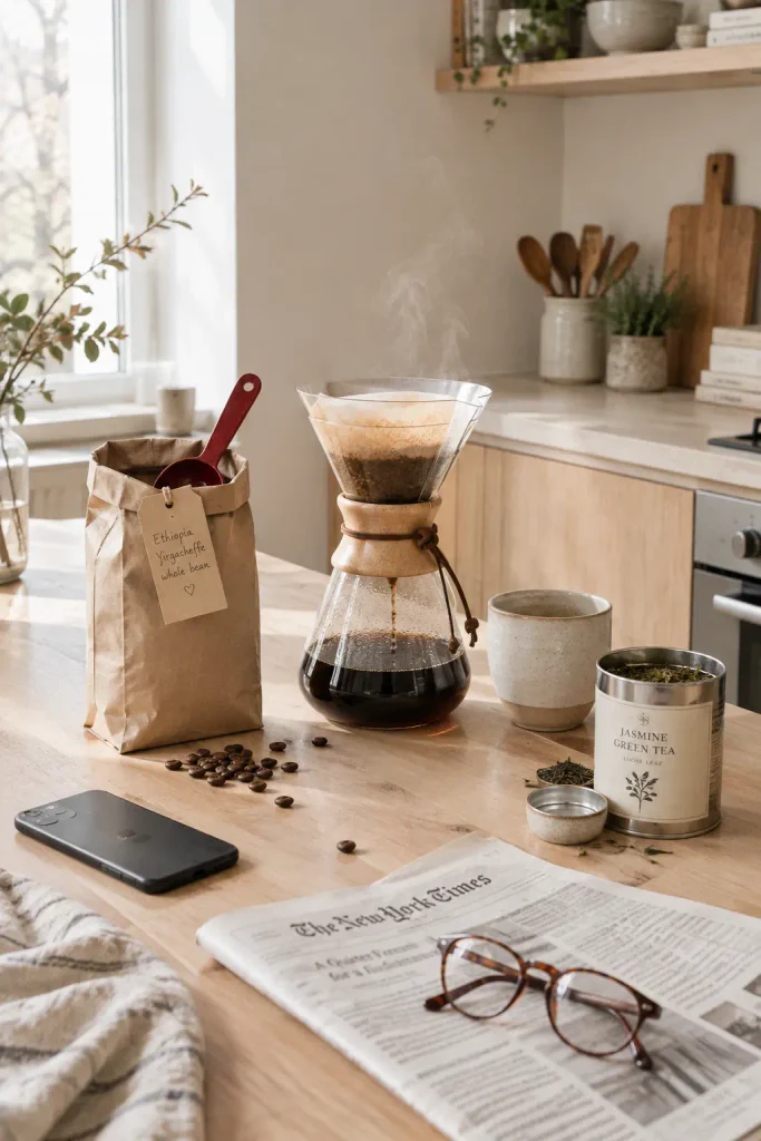 Pour-over coffee setup with a bag of whole beans on a bright kitchen counter, a coffee gift for her