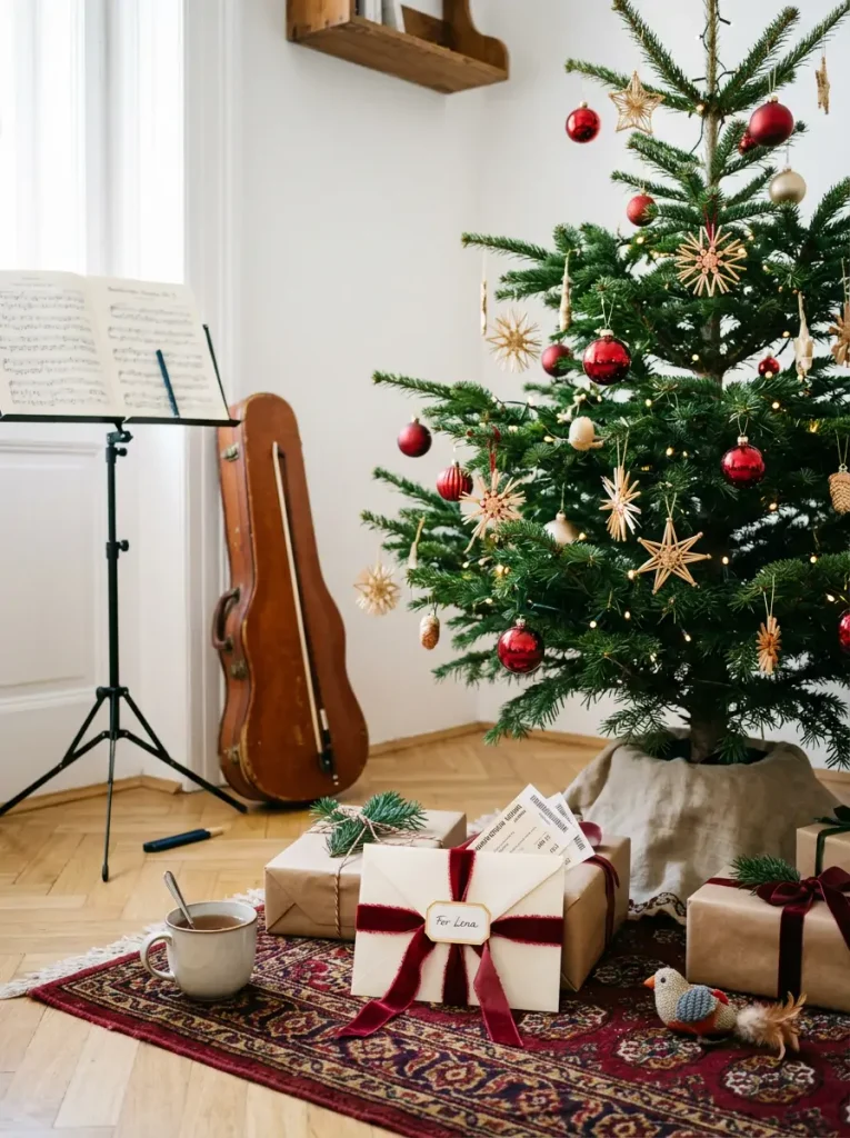 Violin and music stand beside a decorated Christmas tree with wrapped gifts, concert tickets as a gift
