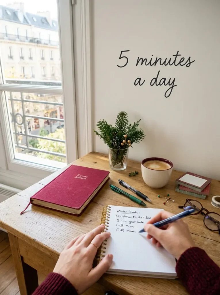 Woman writing in a journal at a wooden desk with a 5 minutes a day note on the wall