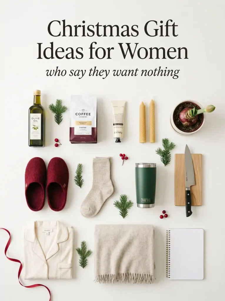 Christmas gift ideas for women who say they want nothing, flat lay of olive oil, slippers, socks, candles and a journal