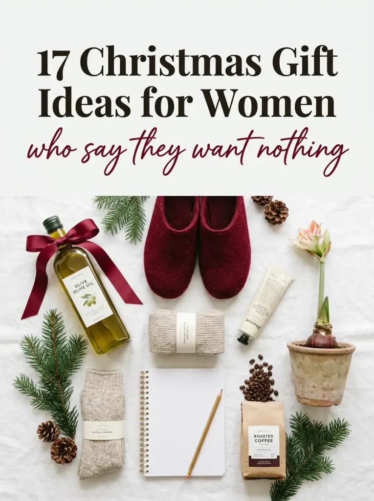 17 Christmas gift ideas for women who say they want nothing, flat lay of practical gifts with red ribbons